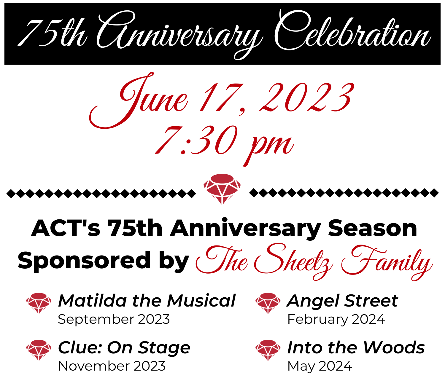 75th Anniversary June 17; 2023-2024 Season of Shows: Matilda, Clue, Angel Stree